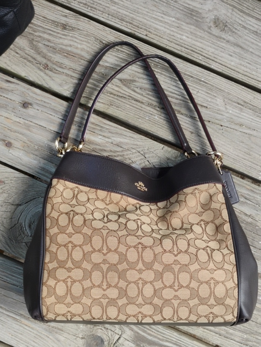 Coach Tan Signature Canvas Shoulder Bag with Dark Brown Trim